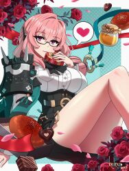 1girl absurdres armor black_skirt box breasts chocolate flower glasses hair_between_eyes heart heart-shaped_box high-waist_skirt highres kelzero large_breasts looking_at_viewer pencil_skirt pink_eyes pink_hair red_flower red_rose ring_hair_ornament rose shirt shoulder_armor skirt smile tsukishiro_yanagi white_shirt zenless_zone_zero