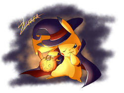 artist_name bright_pupils cape closed_mouth gen_1_pokemon glowing halloween harara_mk2 hat highres holding nintendo no_humans pikachu pokemon pokemon_(creature) signature smile solo standing tail white_pupils witch_hat