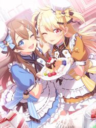 2girls absurdres apron artist_request blonde_hair blue_dress blue_eyes blue_ribbon bow brown_hair cherry closed_mouth cream dress dutch_angle food from_above fruit hair_ornament hair_ribbon hairpin hat highres holding holding_plate indoors kitchen long_hair looking_at_viewer milk_carton multiple_girls nabatame_haru official_art one_eye_closed open_mouth plaid_bow plate pudding red_eyes ribbon seibu_rio shine_post sidelocks smile strawberry sweets teeth tongue tongue_out two_side_up upper_teeth_only valentine very_long_hair white_apron white_hat yellow_dress yellow_ribbon