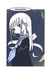 Rule 34 | 1girl, animal ears, black shirt, blue neckerchief, border, cat ears, constellation hair ornament, from side, ghost, grey sailor collar, halo, highres, long hair, looking at viewer, looking to the side, neckerchief, omochi noa, original, outside border, photo background, sailor collar, school uniform, serafuku, shirt, signature, upper body, white border, white hair