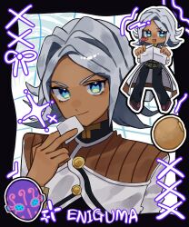 1boy 1other black_pants blue_eyes border character_name chibi chibi_inset closed_mouth coat commentary dark-skinned_male dark_skin diamond_wa_kudakenai enigma_(stand) grey_hair high_collar highres holding holding_paper jojo_no_kimyou_na_bouken long_coat looking_at_viewer male_focus medium_hair miyamoto_terunosuke open_mouth outline pants paper parted_bangs rerarere00 smile sparkle stand_(jojo) upper_body white_coat white_outline