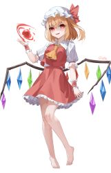 1girl ascot bare_legs barefoot blonde_hair crystal crystal_wings flandre_scarlet full_body hat highres holding looking_at_viewer mob_cap open_mouth puffy_short_sleeves puffy_sleeves red_eyes red_skirt red_vest shirt short_sleeves side_ponytail simple_background skirt smirk solo touhou vest white_background wings wrist_cuffs yellow_ascot youqia