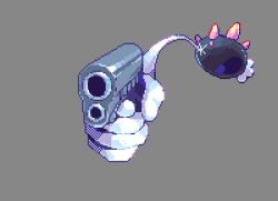 aiming aiming_at_viewer commentary english_commentary gen_7_pokemon grey_background gun hand_pointing_a_gun_(meme) handgun holding holding_gun holding_weapon meme nintendo no_humans outstretched_arm pink_eyes pokemon pokemon_(creature) pokemon_focus pyukumuku robin_(pixelated_robin) simple_background spines weapon
