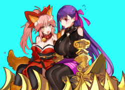 2girls :d ? animal_ears bare_shoulders bell belt_collar black_thighhighs blue_background breasts claws cleavage collar detached_sleeves fang fate/extra fate/extra_ccc fate/grand_order fate_(series) fox_ears fox_girl fox_tail hair_ribbon huge_breasts japanese_clothes kamei_(yamatomo24) kimono long_hair multiple_girls neck_bell o-ring open_mouth passionlip_(fate) pink_hair purple_eyes purple_hair purple_ribbon red_collar red_kimono red_sleeves ribbon simple_background sitting smile tail tamamo_(fate) tamamo_cat_(fate) tamamo_cat_(first_ascension)_(fate) thighhighs yellow_eyes