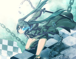 Rule 34 | 10s, 1girl, bad id, bad pixiv id, belt, bikini, bikini top only, black hair, black rock shooter, black rock shooter (character), blue eyes, boots, chain, female focus, hood, hoodie, is ii, katana, long hair, midriff, shorts, solo, swimsuit, sword, twintails, vocaloid, weapon