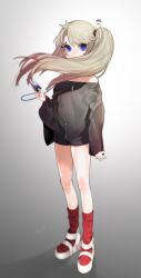 1girl blonde_hair blue_eyes flat_chest floating_hair full_body gradient_background grey_background herme_(ohisashiburi) highres jewelry long_hair looking_at_viewer necklace off-shoulder_sweater off_shoulder ohisashiburi original platform_shoes red_socks slit_pupils socks solo sweater twintails wind
