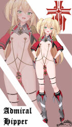 1girl adapted_costume admiral_hipper_(azur_lane) ahoge azur_lane blonde_hair boots breasts character_name cross cross_earrings earrings epaulettes ero_guro full_body gloves green_eyes guro highres iron_blood_(emblem) iron_cross jewelry long_hair looking_at_viewer military_uniform mole mole_under_eye navel nipple_piercing nipples open_mouth piercing ppshex prolapse revealing_clothes simple_background small_breasts smile solo twintails uterus_piercing vaginal_prolapse white_background zoom_layer