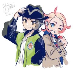 Rule 34 | 2boys, black hat, blue eyes, brown eyes, brown hair, brown jacket, closed mouth, collarbone, collared jacket, commentary request, copyright name, creatures (company), cropped torso, dot nose, game freak, grin, hat, highres, holding, holding poke ball, jacket, long sleeves, looking to the side, male focus, mipokec, multicolored jacket, multiple boys, nintendo, one eye closed, open clothes, open jacket, paxton (pokemon), pink hair, poke ball, poke ball (basic), pokemon, pokemon legends: z-a, shirt, sideways glance, simple background, smile, teeth, urbain (pokemon), v-neck, white background, white shirt