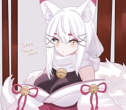 1girl absurdres animal_ears artist_request black_bodysuit body_freckles bodysuit bow breasts commission fox_ears fox_girl fox_tail freckles frills fur_collar gohei hair_between_eyes hair_bow hair_ornament hair_ribbon highres indie_virtual_youtuber japanese_clothes kagari_kitsune large_breasts long_hair long_sleeves messy_hair multicolored_hair nontraditional_miko pink_hair red_ribbon ribbon sidelocks simple_background skeb_commission skirt sleeves_past_fingers sleeves_past_wrists slit_pupils tail virtual_youtuber white_hair yellow_eyes