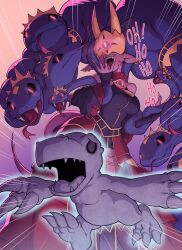 Rule 34 | absurdres, agumon, black sclera, claws, colored sclera, crown, deumosden, digimon, digimon (creature), earrings, glowing, glowing eyes, highres, jewelry, laughing, mask, medusamon, ojou-sama pose, open mouth, petrification, red eyes, sharp teeth, snake, snake hair, tail, teeth
