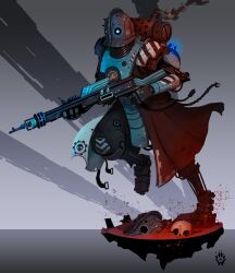 Rule 34 | absurdres, adeptus mechanicus, adeptus mechanicus (symbol), armor, artist logo, black armor, blue armor, blue eyes, blue light, cable, chipped paint, commentary, crossover, cyborg, dirt, electricity, embers, energy gun, english commentary, glowing, glowing eyes, gradient background, grey background, gun, hazard stripes, helmet, highres, holding, holding gun, holding weapon, joints, lightning gun, logo, ray gun, red light, rifle, robot joints, running, science fiction, sidelighting, skitarii, skull, skull print, smoke, team fortress 2, unworn headwear, unworn helmet, vest, waistcoat, warhammer 40k, weapon, wolfdawg art