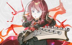 1girl absurdres black_coat black_gloves blue_eyes cape coat commentary diffraction_spikes electric_guitar flve girls_band_cry girls_band_cry_rpg gloves guitar highres holding holding_guitar holding_instrument instrument iseri_nina long_sleeves open_mouth red_brooch red_cape red_hair short_twintails solo twintails