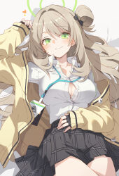 1girl black_bow black_gloves black_skirt blonde_hair blue_archive blush bow bra breasts bursting_breasts buttons cleavage closed_mouth collarbone commentary_request cowboy_shot fingerless_gloves gloves green_eyes green_halo hair_bow hairstyle_request halo hand_up heart highres jacket lace lace-trimmed_bra lace_trim lanyard large_breasts looking_at_viewer lying miniskirt nonomi_(blue_archive) on_back open_clothes open_jacket plaid_clothes plaid_skirt pleated_skirt satou_kibi shirt side_part skirt smile solo underwear white_bra white_shirt yellow_jacket