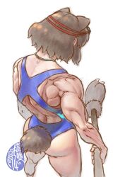 1girl animal_ears arms_at_sides artist_logo ass back bear_ears bear_girl bear_tail brown_bear_(kemono_friends) brown_hair clothing_cutout extra_ears facing_away goggles goggles_on_head holding holding_polearm holding_weapon kemono_friends kishida_shiki legs_apart logo muscular muscular_female neck official_alternate_costume one-piece_swimsuit paw_stick polearm short_hair solo standing swim_goggles swimsuit tail tail_through_clothes weapon