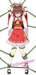 1girl absurdres ascot black_shoes blush bow breasts brown_eyes brown_hair closed_eyes commentary_request commission detached_sleeves facing_viewer frilled_bow frilled_hair_tubes frilled_skirt frills hair_bow hair_tubes hakurei_reimu highres long_hair navel open_mouth plant red_bow red_skirt restrained ribbon-trimmed_sleeves ribbon_trim rise_(rise19851203) shoes signature simple_background skeb_commission skirt skirt_set socks solo sweat thorns touhou translation_request trembling vines white_background white_socks yellow_ascot