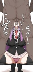 1boy 1girl absurdres arms_behind_back ass bar_censor black_jacket black_thighhighs blazer censored clothed_female_nude_male commentary_request cum cum_in_mouth cum_on_clothes fellatio hetero highres jacket kumiyabe long_hair necktie nude open_mouth oral panties penis purple_hair red_necktie red_panties reisen_udongein_inaba squatting testicles thighhighs touhou underwear view_between_legs