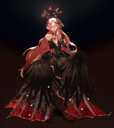Rule 34 | 1girl, bare shoulders, bird wings, black arm warmers, black background, black collar, black dress, black gloves, black halo, black wings, blue sky (kbluebirdart), closed eyes, collar, crimson feather (infinity nikki), detached collar, dress, expressionless, feather-trimmed dress, feathered wings, flower, full body, gloves, gown, hair ornament, halo, hand on own chest, hand on own shoulder, high collar, highres, infinity nikki, lace collar, light particles, lipstick, long dress, long hair, low wings, makeup, nikki (series), parted lips, red flower, red hair, red lips, simple background, single glove, solo, spiked halo, standing, very long hair, wavy hair, wing hair ornament, wings