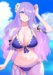 1girl bikini breasts camilla_(fire_emblem) camilla_(tropical_beauty)_(fire_emblem) cleavage collarbone fire_emblem fire_emblem_fates fire_emblem_heroes flower gluteal_fold hair_flower hair_ornament hair_over_one_eye highres large_breasts long_hair looking_at_viewer navel nintendo official_alternate_costume ondur purple_bikini purple_eyes purple_hair purple_sarong sarong see-through_clothes see-through_sarong smile solo swimsuit very_long_hair wavy_hair