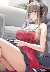 1girl animal_ear_headphones animal_ears artist_name blonde_hair blue_eyes blush borrowed_character bow breasts cat_ear_headphones cleavage controller couch dualshock fake_animal_ears front_bow game_controller gamepad gran_turismo gran_turismo_5 hair_tie headphones highres keenh large_breasts leaning_on_object long_hair looking_at_screen nightgown no_bra original pillow plant playing_games playstation_controller playstation_logo ponytail sideboob solo toyoda_rio_(rc_f)