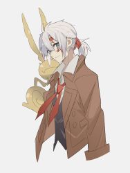 1boy allen_walker blue_eyes brown_suit closed_mouth commentary_request cropped_torso d.gray-man facial_mark formal_clothes george_man hair_between_eyes highres low_ponytail male_focus necktie ponytail red_necktie short_ponytail simple_background suit timcanpy white_background white_hair