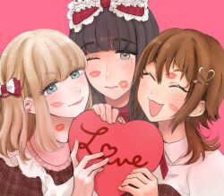 Rule 34 | 3boys, arisa (yuki touko), asymmetrical bangs, blue eyes, blunt bangs, bow, closed eyes, collared shirt, crossdressing, ear piercing, fang, frilled bow, frills, grey eyes, hair bow, hair ornament, hairpin, heart, heart hair ornament, lipstick mark, long hair, looking at viewer, male focus, medium hair, mole, mole under eye, mole under mouth, multiple boys, nail art, nail polish, one eye closed, open mouth, original, piercing, pink background, pink nails, plaid clothes, seira (yuki touko), shirt, smile, tomo (yuki touko), trap, valentine, yuki touko