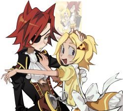 Rule 34 | 1boy, 1girl, animal ears, apron, ascot, black coat, blonde hair, blush, chica, coat, dress, eyepatch, fang, five nights at freddy&#039;s, food-themed hair ornament, fox ears, foxy (fnaf), frilled apron, frills, hair ornament, hand on another&#039;s head, highres, hook hand, humanization, one eye covered, one side up, open mouth, pirate, pizza hair ornament, red hair, reference inset, shirt, smile, timmasgrave, torn clothes, torn shirt, white apron, white ascot, white background, yellow dress