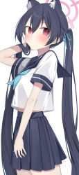 1girl absurdres animal_ear_fluff animal_ears black_hair blue_archive blue_neckerchief blue_ribbon blue_sailor_collar blue_skirt blush cat_ears commentary_request hair_between_eyes hair_ribbon halo hanasaki_rin highres long_hair neckerchief pink_eyes pink_halo pleated_skirt ribbon sailor_collar school_uniform serafuku serika_(blue_archive) shirt simple_background skirt solo sweatdrop twintails very_long_hair white_background white_shirt