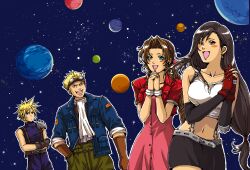 2boys 2girls aerith_gainsborough armor belt black_gloves black_hair black_skirt blonde_facial_hair blonde_hair blue_eyes blue_jacket blue_pants blue_sweater blush_stickers brown_belt brown_gloves brown_hair brown_shirt cid_highwind cloud_strife commentary_request crop_top cropped_jacket crossed_arms curly_hair dress elbow_gloves facial_hair final_fantasy final_fantasy_vii gloves goatee_stubble goggles goggles_on_head green_belt green_eyes green_pants hair_ribbon hand_in_pocket hands_up jacket layered_gloves long_hair looking_up low-tied_long_hair miniskirt multiple_boys multiple_girls night night_sky open_clothes open_jacket open_mouth outline own_hands_clasped own_hands_together pants parted_bangs pauldrons pink_dress pink_ribbon planet planetarium ponytail popochan-f red_gloves red_jacket ribbon scarf shirt short_hair shoulder_armor sidelocks single_pauldron skirt sky sleeveless sleeveless_sweater sleeveless_turtleneck sleeves_rolled_up smile space spiked_hair star_(sky) stubble suspenders sweatdrop sweater teeth tifa_lockhart turtleneck turtleneck_sweater upper_body upper_teeth_only white_outline white_scarf white_shirt