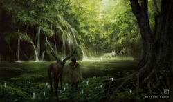 Rule 34 | 1boy, 1girl, absurdres, artist name, ashitaka, black hair, day, forest, from behind, ghost, grass, highres, hood, hood down, kodama, lake, mononoke hime, moro no ichizoku, moss, nature, outdoors, red hood, san (mononoke hime), scenery, serow, standing, stephen njoto, straw cape, water, waterfall, wide shot, yakul