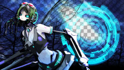 1girl 2012 3d abstract_background belt bent_over blue_eyes breasts calne_ca_(deino) checkered_background cosplay deino_(deino3330) goggles goggles_on_head green_hair gumi gumi_(cosplay) headphones heterochromia insect_wings joints looking_at_viewer mechanical_arms medium_breasts midriff nato-kun navel original robot_joints shirt short_hair skirt solo vocaloid wings wire