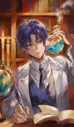 1boy afloat blue_eyes blue_hair blue_necktie blue_vest book bookshelf candle closed_mouth collared_shirt commentary curtained_hair diffraction_spikes fate/grand_order fate/stay_night fate_(series) fire flask glint globe holding holding_flask holding_quill indoors lab_coat lapels liquid long_sleeves male_focus matou_shinji necktie notched_lapels official_art open_book quill round-bottom_flask shirt short_hair smoke smoke_trail solo steam third-party_source upper_body vest waltz_(tram) white_shirt wing_collar