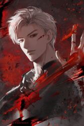 1boy black_shirt blood blood_on_face closed_mouth collared_shirt danke_reverse_d grey_hair highres looking_at_viewer love_and_deepspace male_focus open_hand parted_bangs red_eyes shirt short_hair solo sylus_(love_and_deepspace) twitter_username wiping wiping_blood