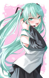 1girl absurdres blue_eyes blue_hair commentary_request dated detached_sleeves from_side hair_ornament hand_on_headphones hand_up hatsune_miku headphones highres long_hair long_sleeves looking_at_viewer looking_to_the_side mahoro_(minase_mahoro) miku_day nail_polish open_mouth shirt skirt sleeveless sleeveless_shirt smile solo twintails very_long_hair vocaloid