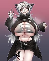 Rule 34 | 1girl, alternate breast size, animal ears, areola slip, arknights, belt, black belt, black jacket, black nails, black shorts, breasts, cleavage, commentary, cowboy shot, english commentary, gradient background, grey eyes, grey shirt, groin, highres, huge breasts, jacket, lappland (arknights), long hair, looking at viewer, navel, open clothes, open jacket, open mouth, purple background, sharp teeth, shirt, shorts, smile, solo, sweat, teeth, tofusquisha, torn clothes, torn shirt, white hair, wolf ears, wolf girl