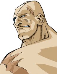 1boy angry bald bengus capcom clenched_teeth eyepatch from_side game_cg highres male_focus muay_thai muscular muscular_male no_pupils non-web_source official_art parted_lips portrait sagat scar scar_on_chest scar_on_face simple_background solo street_fighter street_fighter_zero_(series) teeth upper_body white_background white_eyes