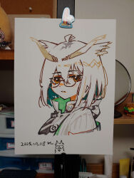 Rule 34 | 1girl, absurdres, arknights, brown-framed eyewear, brown eyes, cropped shoulders, dated, glasses, hair between eyes, highres, looking at viewer, parted lips, partially colored, photo (medium), semi-rimless eyewear, short hair, silence (arknights), solo, stupid duran, traditional media, under-rim eyewear