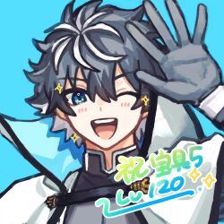 1boy :d ;d black_gloves black_hair blue_background blue_eyes blush cape charlemagne_(fate) charlemagne_(first_ascension)_(fate) chickenuma_0 collared_cape colored_inner_hair fate/grand_order fate_(series) gloves hair_between_eyes hand_up highres looking_at_viewer male_focus multicolored_hair one_eye_closed open_mouth popped_collar portrait short_hair simple_background smile solo sparkle streaked_hair two-tone_hair white_cape white_hair
