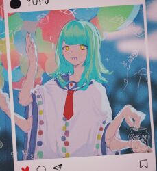 1girl balloon blue_sailor_collar blunt_bangs envelope extra_arms film_grain flipped_hair flower_symbol green_hair hands_up heart highres holding holding_balloon holding_jar holding_star instagram jar medium_hair necktie nizimine_kakoi outside_border planet poncho red_necktie rocket sailor_collar satellite short_necktie sketch solo sparkle star-shaped_pupils star_(symbol) symbol-shaped_pupils too_many_balloons ufo upper_body utau xieying592 yellow_eyes zipper zipper_pull_tab