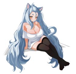 1girl animal_ears bare_shoulders black_choker black_thighhighs blush breasts cat_ears cat_girl cat_tail choker cleavage closed_mouth collarbone commentary english_commentary grey_hair highres indie_virtual_youtuber large_breasts long_hair looking_at_viewer orange_eyes sansha_art second-party_source shirt short_sleeves simple_background sitting smile solo tail thighhighs tsuki_tyan very_long_hair virtual_youtuber white_background white_shirt