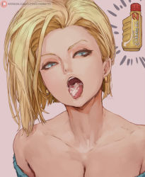 1girl android_18 bare_shoulders blonde_hair blue_eyes breasts cleavage collarbone cum cum_in_mouth cutesexyrobutts dragon_ball earrings gold_earrings highres jewelry long_hair looking_at_viewer medium_breasts no_bra off_shoulder oil pink_background sexually_suggestive simple_background solo suggestive_fluid upper_body watermark web_address