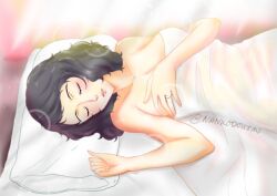 1girl artist_name bed bed_sheet brown_hair closed_eyes jewelry kawakami_sadayo lips medium_hair nankodoujin persona persona_5 pillow ring sleeping twitter_username