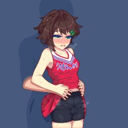 1boy 1girl animated animated_gif armpits assisted_exposure bare_shoulders bike_shorts black_shorts blue_background blush bob_cut breasts brown_hair cheerleader closed_eyes closed_mouth clothed_sex clothes_lift clothes_writing cowboy_shot cum cum_in_clothes cum_on_body cum_on_clothes cum_on_legs cum_through_clothes disembodied_hand ejaculation embarrassed front-to-back green_eyes hair_ornament hairclip hand_on_another&#039;s_hand hand_on_another&#039;s_waist hanekenomichi-chan hetero hurumero looking_down medium_breasts messy_hair midriff_peek nose_blush original parted_lips pixel_art pleated_skirt raised_eyebrows red_shirt red_skirt sex shirt short_hair shorts silhouette simple_background skindentation skirt skirt_lift sleeveless sleeveless_shirt solo_focus standing standing_sex steam steaming_body sweat thigh_sex two-tone_shirt v-neck white_shirt