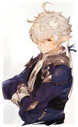 1boy alphinaud_leveilleur blue_eyes blue_jacket closed_mouth collared_shirt cropped_torso earrings final_fantasy final_fantasy_xiv highres hutaba_0718 jacket jewelry long_pointy_ears long_sleeves looking_to_the_side low_ponytail male_focus one_eye_covered piercing pointy_ears ponytail popped_collar shirt simple_background single_earring solo white_background white_hair white_shirt