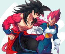 Rule 34 | 2boys, black hair, blue sash, closed mouth, dougi, dragon ball, dragon ball heroes, dragon ball super, gloves, long hair, male focus, monkey boy, monkey tail, multiple boys, muscular, muscular male, ommmyoh, open mouth, pants, red fur, saiyan, sash, son goku, son goku (xeno), spiked hair, super saiyan, super saiyan 4, super saiyan god, tail, time patrol (dragon ball), twitter username, vegeta