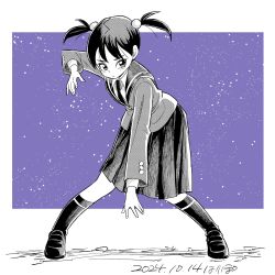 Rule 34 | 1girl, arm up, artist name, buttons, closed mouth, collared shirt, commentary, dated, fighting stance, full body, greyscale with colored background, hair bobbles, hair ornament, hari tabo42, highres, jacket, kneehighs, kurata mikage, legs apart, loafers, necktie, original, pleated skirt, purple background, sailor collar, school uniform, serafuku, shirt, shoes, short twintails, signature, skirt, socks, solo, standing, twintails