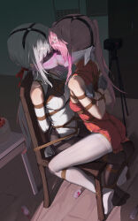 2girls absurdres arms_behind_back ball_gag bare_shoulders bdsm black_pantyhose blindfold blush bondage bound bound_arms bound_legs bound_together breast_bondage breasts china_dress chinese_clothes cloth_gag crotch_rope dress drooling elbow_gloves gag gag_under_mask gagged gloves grey_hair heart heart-shaped_pupils highres improvised_gag indoors long_hair multiple_girls no_shoes over_the_nose_gag pantyhose pink_hair ponytail separated_legs shibari shibari_over_clothes side_ponytail sitting sitting_on_person skindentation small_breasts symbol-shaped_pupils very_long_hair white_gloves white_pantyhose wiffle_gag xiongmao
