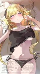 1girl alternate_costume animal_ears bare_shoulders black_camisole black_panties blonde_hair blush breasts camisole camisole_lift clothes_lift commentary_request cowboy_shot groin hair_ornament hairclip highres hololive horns jewelry lace-trimmed_camisole lace_trim large_breasts looking_at_viewer loungewear midriff navel necklace no_bra nyas0123 on_bed panties pillow purple_eyes seductive_smile sheep_ears sheep_girl sheep_horns side-tie_panties sidelighting smile solo spaghetti_strap strap_slip tsunomaki_watame underboob underwear virtual_youtuber watermark