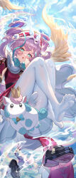 1girl absurdres angel_wings aqua_bow aqua_bowtie aqua_eyes aqua_hair ass black_shoes blue_sky bow bowtie breasts bupa_chila commentary_request dress drill_hair hat highres honkai:_star_rail honkai_(series) hyacine_(honkai:_star_rail) little_ica_(honkai:_star_rail) multicolored_hair open_mouth pantyhose pink_hair red_dress red_hat shoes sky small_breasts soles toes twin_drills two-tone_hair unworn_shoes water white_pantyhose wings