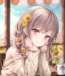 1girl bare_shoulders blurry blurry_background blush braid brown_hair brown_sweater cable_knit cafe clenched_hands closed_mouth cloud coffee_mug collarbone cup earrings elbows_on_table field flower flower_field hair_flower hair_ornament hair_over_shoulder hands_on_own_cheeks hands_on_own_face head_rest highres infinity_symbol jewelry long_hair long_sleeves looking_at_viewer mature_female mug off-shoulder_sweater off_shoulder original railing red_eyes restaurant sleeves_past_wrists smile solo steaming_cup sunflower sunflower_field sunflower_hair_ornament sweater table three_quarter_view ukiukikiwi2525 upper_body wooden_chair wooden_floor wooden_table