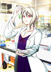 1girl breasts chemise chemistry dress female_focus highres lab_coat laboratory large_breasts lingerie looking_at_object multicolored_eyes nakiri_alice pale_skin shokugeki_no_souma smile solo underwear white_hair